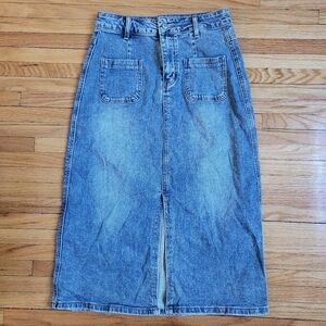 T.O.P. High-Waisted Denim Midi Skirt with Front Slit - Fits Small